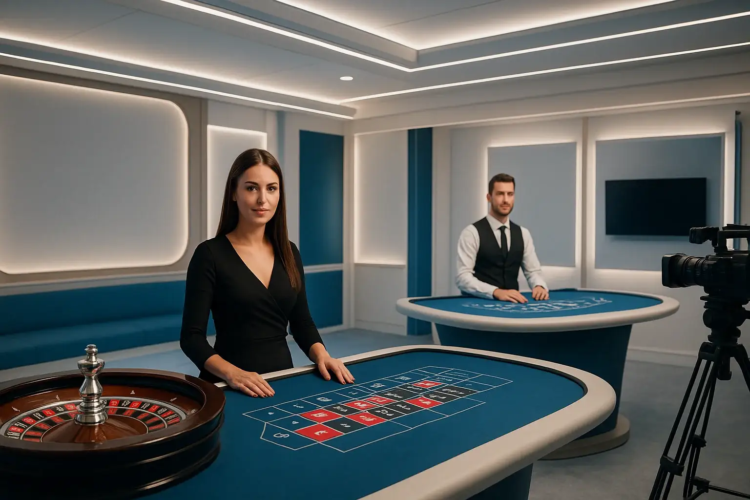 Tyylikäs live-kasinostudio, skandinaavinen valaistus, ruletti ja blackjack HD-striimauksella
